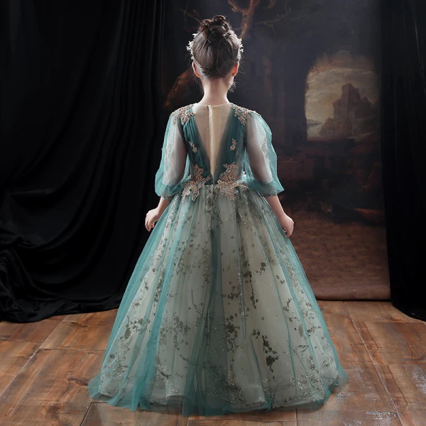 Victorian Style Green Flower Girl Dresses 2020 A-Line / Princess Scoop Neck Puffy 3/4 Sleeve Beading Glitter Tulle Floor-Length / Long Ruffle