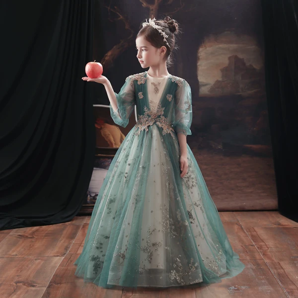 Victorian Style Green Flower Girl Dresses 2020 A-Line / Princess Scoop Neck Puffy 3/4 Sleeve Beading Glitter Tulle Floor-Length / Long Ruffle