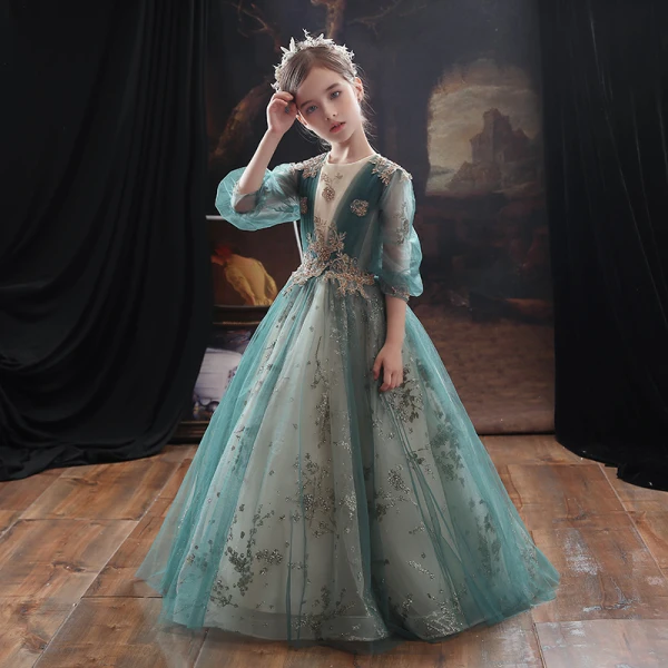 Victorian Style Green Flower Girl Dresses 2020 A-Line / Princess Scoop Neck Puffy 3/4 Sleeve Beading Glitter Tulle Floor-Length / Long Ruffle