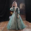 Victorian Style Green Flower Girl Dresses 2020 A-Line / Princess Scoop Neck Puffy 3/4 Sleeve Beading Glitter Tulle Floor-Length / Long Ruffle