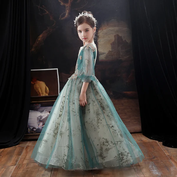 Victorian Style Green Flower Girl Dresses 2020 A-Line / Princess Scoop Neck Puffy 3/4 Sleeve Beading Glitter Tulle Floor-Length / Long Ruffle