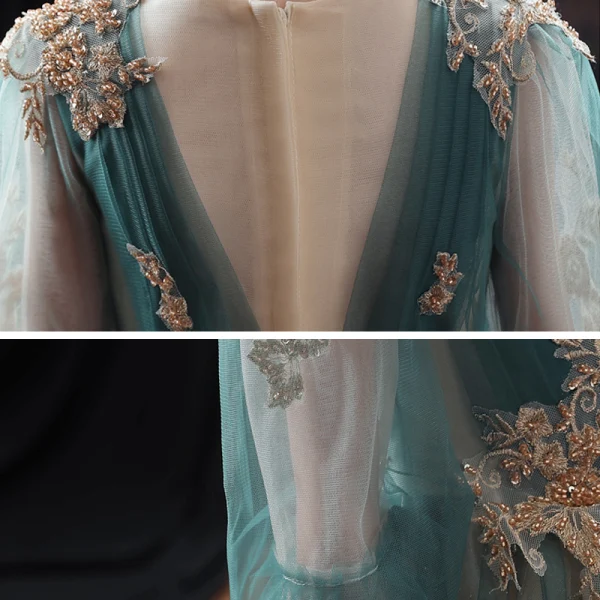 Victorian Style Green Flower Girl Dresses 2020 A-Line / Princess Scoop Neck Puffy 3/4 Sleeve Beading Glitter Tulle Floor-Length / Long Ruffle