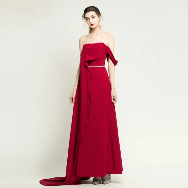 Fashion Burgundy Evening Dresses  2020 A-Line / Princess One-Shoulder Short Sleeve Rhinestone Sash Sweep Train Ruffle Backless Formal Dresses