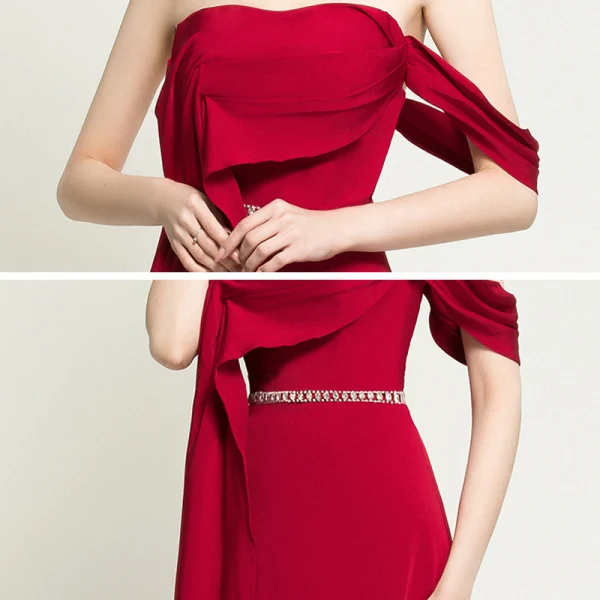 Mode Burgunderrot Abendkleider 2020 A Linie One-Shoulder Kurze Ärmel Strass Stoffgürtel Sweep / Pinsel Zug Rüschen Rückenfreies Festliche Kleider