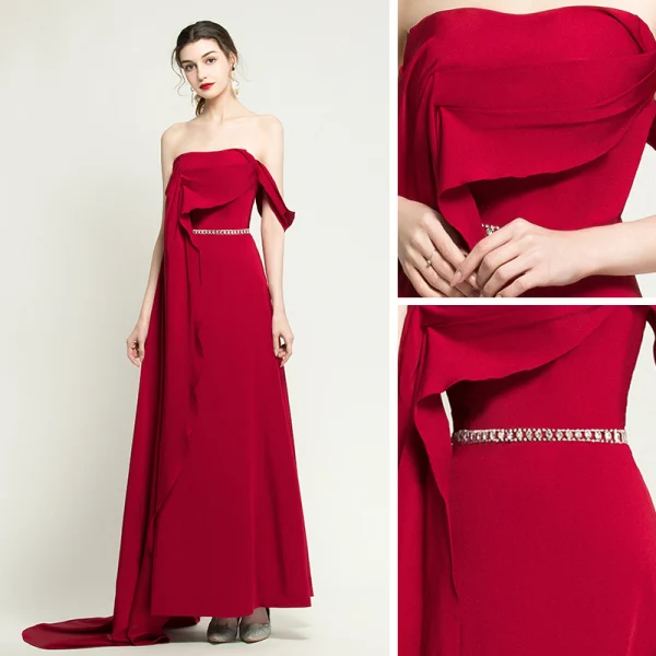 Mode Burgunderrot Abendkleider 2020 A Linie One-Shoulder Kurze Ärmel Strass Stoffgürtel Sweep / Pinsel Zug Rüschen Rückenfreies Festliche Kleider