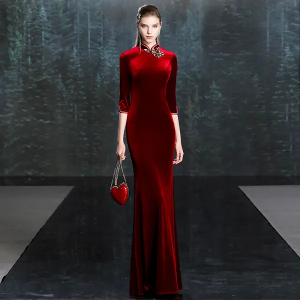 Chinese style Burgundy Velour Winter Cheongsam / Qipao Evening Dresses  2020 Trumpet / Mermaid High Neck 3/4 Sleeve Appliques Lace Floor-Length / Long Formal Dresses