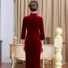 High-end Burgundy Velour Cheongsam / Qipao 2020 High Neck 3/4 Sleeve Beading Sequins Split Front Tea-length Ruffle Formal Dresses