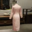 Chinese style Pearl Pink Cheongsam / Qipao 2020 High Neck 3/4 Sleeve Appliques Lace Beading Split Front Tea-length Formal Dresses