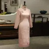 Chinese style Pearl Pink Cheongsam / Qipao 2020 High Neck 3/4 Sleeve Appliques Lace Beading Split Front Tea-length Formal Dresses