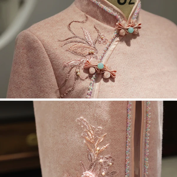 Chinese style Pearl Pink Cheongsam / Qipao 2020 High Neck 3/4 Sleeve Appliques Lace Beading Split Front Tea-length Formal Dresses