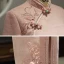 Chinese style Pearl Pink Cheongsam / Qipao 2020 High Neck 3/4 Sleeve Appliques Lace Beading Split Front Tea-length Formal Dresses