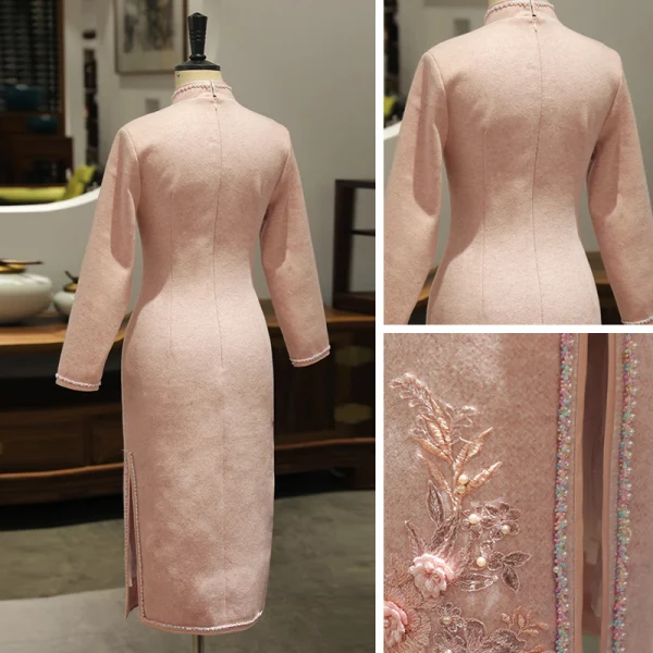 Chinese style Pearl Pink Cheongsam / Qipao 2020 High Neck 3/4 Sleeve Appliques Lace Beading Split Front Tea-length Formal Dresses