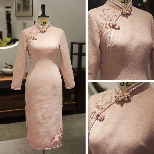 Chinese style Pearl Pink Cheongsam / Qipao 2020 High Neck 3/4 Sleeve Appliques Lace Beading Split Front Tea-length Formal Dresses
