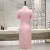 Chinese style Blushing Pink Cheongsam / Qipao 2020 High Neck Short Sleeve Appliques Lace Tea-length Formal Dresses