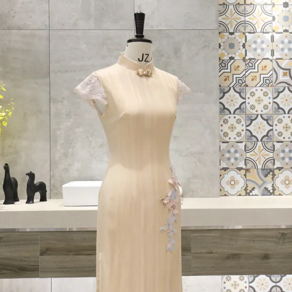 Chic / Beautiful Gold Cheongsam / Qipao 2020 High Neck Short Sleeve Appliques Lace Tea-length Formal Dresses
