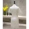Chic / Beautiful Ivory Cheongsam / Qipao 2020 High Neck Short Sleeve Appliques Lace Short Formal Dresses