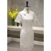 Chic / Beautiful Ivory Cheongsam / Qipao 2020 High Neck Short Sleeve Appliques Lace Short Formal Dresses