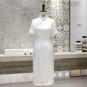Chinese Style White Cheongsam Qipao 2020 High Neck Short Sleeve Appliques Lace Flower Tea Length Formal Dresses