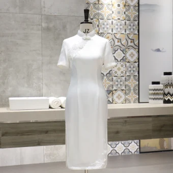 Chinese Style White Cheongsam Qipao 2020 High Neck Short Sleeve Appliques Lace Flower Tea Length Formal Dresses