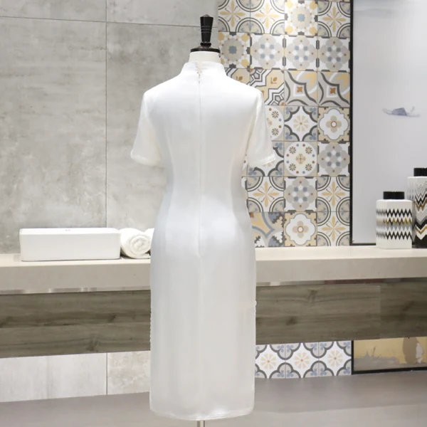Chinese style White Cheongsam / Qipao 2020 High Neck Short Sleeve Appliques Lace Flower Tea-length Formal Dresses
