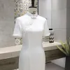 Chinese style White Cheongsam / Qipao 2020 High Neck Short Sleeve Appliques Lace Flower Tea-length Formal Dresses
