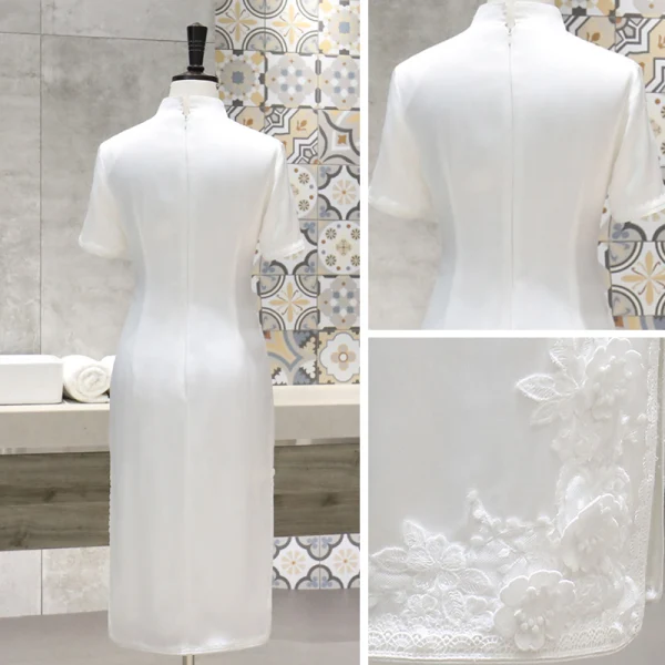 Chinese style White Cheongsam / Qipao 2020 High Neck Short Sleeve Appliques Lace Flower Tea-length Formal Dresses