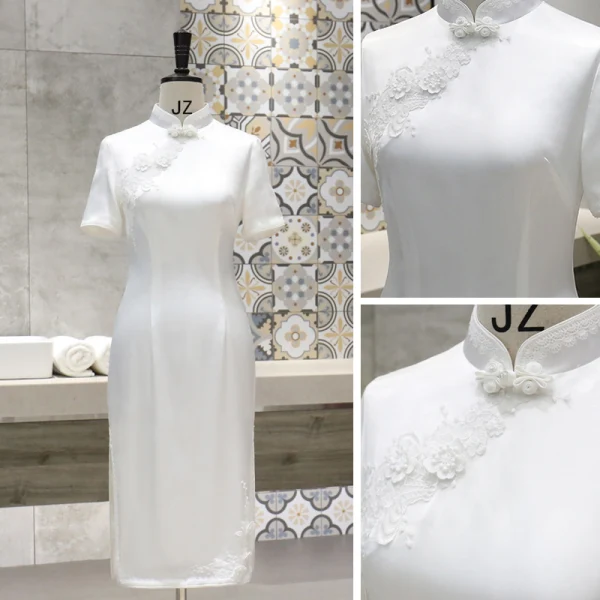 Chinese style White Cheongsam / Qipao 2020 High Neck Short Sleeve Appliques Lace Flower Tea-length Formal Dresses