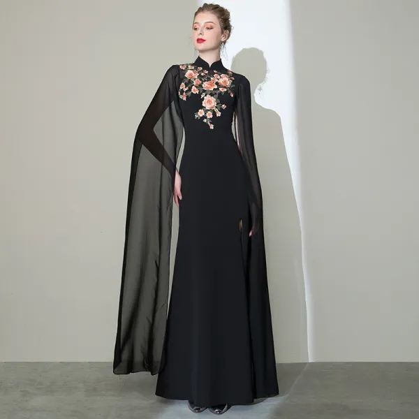Chinese style Black Cheongsam / Qipao Evening Dresses  2020 Trumpet / Mermaid High Neck Long Sleeve Appliques Embroidered Split Front Floor-Length / Long Formal Dresses