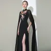 Chinese style Black Cheongsam / Qipao Evening Dresses  2020 Trumpet / Mermaid High Neck Long Sleeve Appliques Embroidered Split Front Floor-Length / Long Formal Dresses