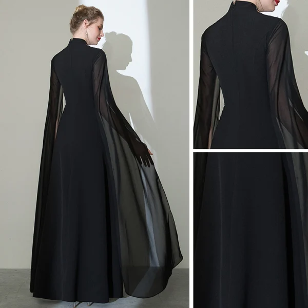 Chinese style Black Cheongsam / Qipao Evening Dresses 2020 Trumpet / Mermaid High Neck Long Sleeve Appliques Embroidered Split Front Floor-Length / Long Formal Dresses