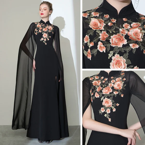 Chinese style Black Cheongsam / Qipao Evening Dresses 2020 Trumpet / Mermaid High Neck Long Sleeve Appliques Embroidered Split Front Floor-Length / Long Formal Dresses