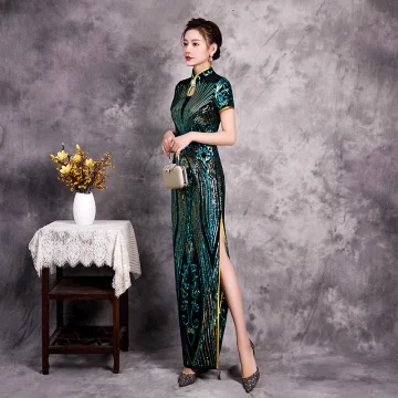 Style Chinois Vert Paillettes Cheongsam Robe De Soirée 2020 Trompette Sirène Col Haut Manches Courtes Fendue Devant Longue Robe De Ceremonie