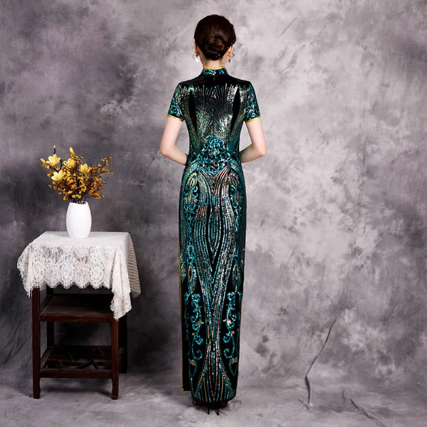 Chinese style Green Sequins Cheongsam / Qipao Evening Dresses 2020 Trumpet / Mermaid High Neck Short Sleeve Split Front Floor-Length / Long Formal Dresses