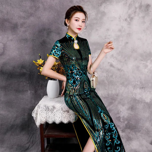 Chinese style Green Sequins Cheongsam / Qipao Evening Dresses 2020 ...