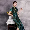 Chinese style Green Sequins Cheongsam / Qipao Evening Dresses  2020 Trumpet / Mermaid High Neck Short Sleeve Split Front Floor-Length / Long Formal Dresses