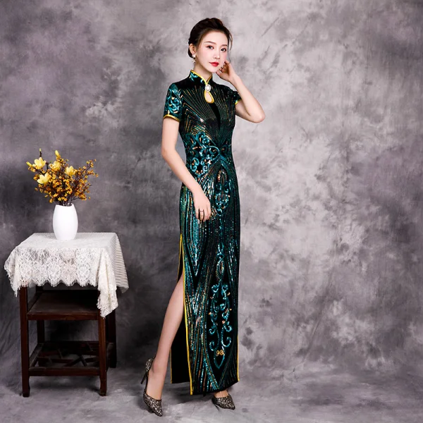 Chinese style Green Sequins Cheongsam / Qipao Evening Dresses 2020 Trumpet / Mermaid High Neck Short Sleeve Split Front Floor-Length / Long Formal Dresses