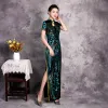 Chinese style Green Sequins Cheongsam / Qipao Evening Dresses  2020 Trumpet / Mermaid High Neck Short Sleeve Split Front Floor-Length / Long Formal Dresses