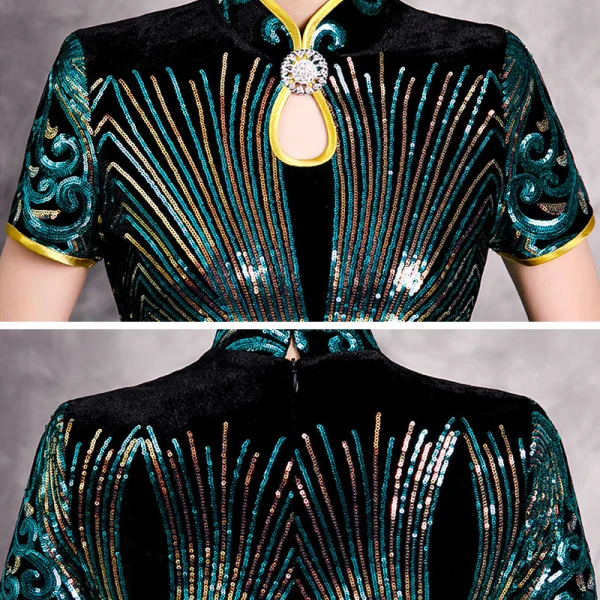 Chinese style Green Sequins Cheongsam / Qipao Evening Dresses 2020 Trumpet / Mermaid High Neck Short Sleeve Split Front Floor-Length / Long Formal Dresses