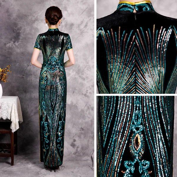 Chinese style Green Sequins Cheongsam / Qipao Evening Dresses 2020 Trumpet / Mermaid High Neck Short Sleeve Split Front Floor-Length / Long Formal Dresses