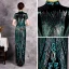 Chinese style Green Sequins Cheongsam / Qipao Evening Dresses  2020 Trumpet / Mermaid High Neck Short Sleeve Split Front Floor-Length / Long Formal Dresses
