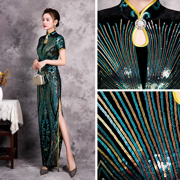 Chinese style Green Sequins Cheongsam / Qipao Evening Dresses 2020 Trumpet / Mermaid High Neck Short Sleeve Split Front Floor-Length / Long Formal Dresses