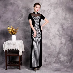 Abordable Noire Cheongsam Robe De Soirée 2020 Trompette Sirène Transparentes Col Haut Manches Courtes Paillettes Longue Robe De Ceremonie