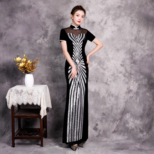 Affordable Black Cheongsam Qipao Evening Dresses 2020 Trumpet Mermaid See through High Neck Short Sleeve Sequins