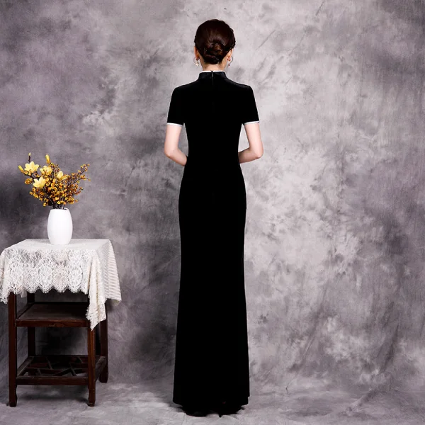 Affordable Black Cheongsam / Qipao Evening Dresses 2020 Trumpet / Mermaid See-through High Neck Short Sleeve Sequins Floor-Length / Long Formal Dresses