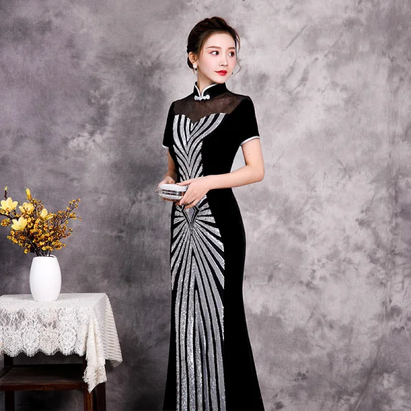 Affordable Black Cheongsam / Qipao Evening Dresses 2020 Trumpet / Mermaid See-through High Neck Short Sleeve Sequins Floor-Length / Long Formal Dresses