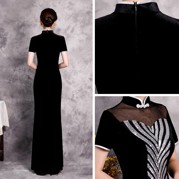 Affordable Black Cheongsam / Qipao Evening Dresses 2020 Trumpet / Mermaid See-through High Neck Short Sleeve Sequins Floor-Length / Long Formal Dresses