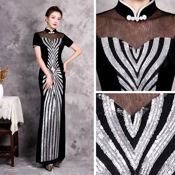 Affordable Black Cheongsam / Qipao Evening Dresses 2020 Trumpet / Mermaid See-through High Neck Short Sleeve Sequins Floor-Length / Long Formal Dresses