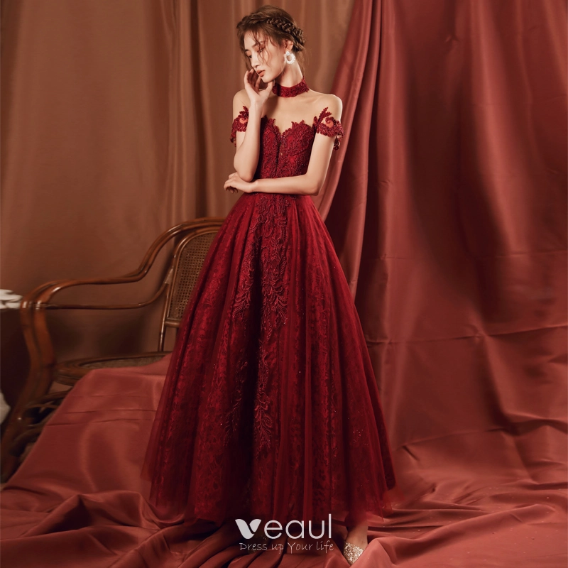 High-end Red See-through Prom Dresses 2020 A-Line / Princess High Neck  Short Sleeve Appliques Lace Beading Floor-Length / Long Ruffle Backless Formal  Dresses
