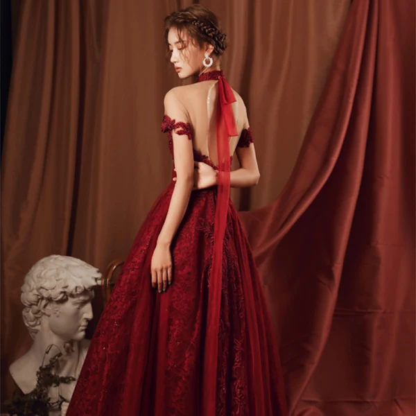 High-end Red See-through Prom Dresses 2020 A-Line Princess High Neck Short Sleeve Lace High-end Red See-through Prom Dresses 2020 A-Line Princess High Neck Short Sleeve Lace