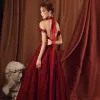 Haut de Gamme Rouge Transparentes Robe De Bal 2020 Princesse Col Haut Manches Courtes Appliques En Dentelle Perlage Longue Volants Dos Nu Robe De Ceremonie